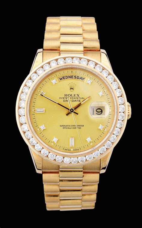 preowned rolex day date gold diamond bezel|18k gold Rolex with diamonds.